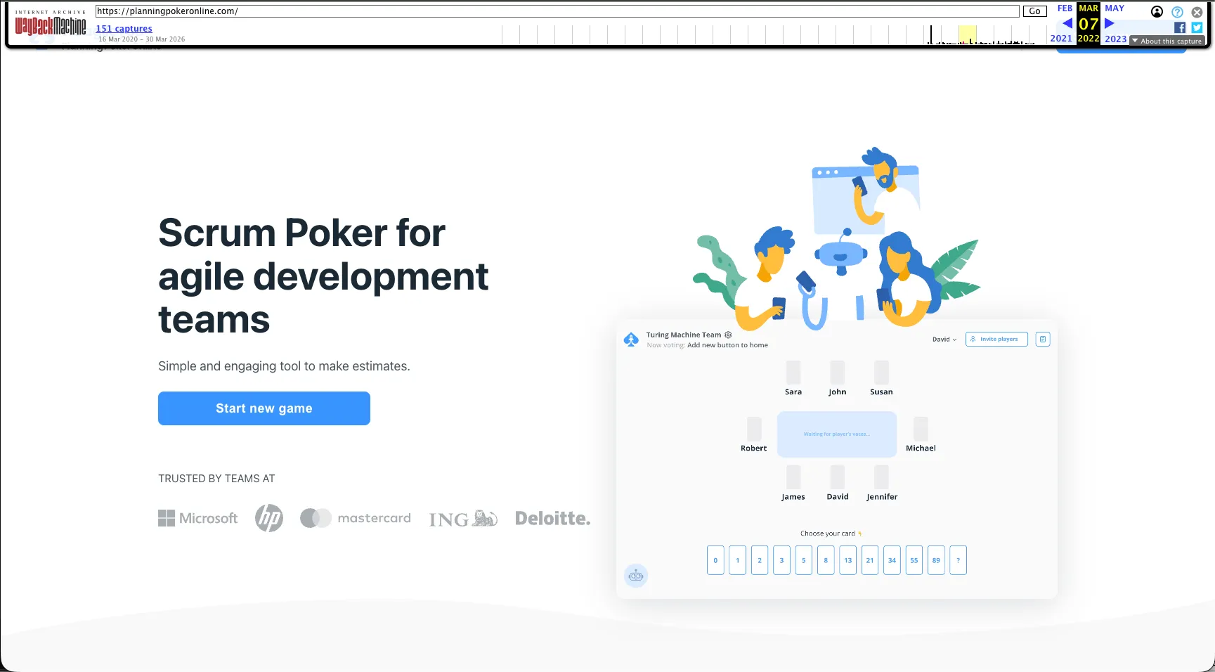 weagileyou.com landing page in 2022, showing the real-time planning poker table